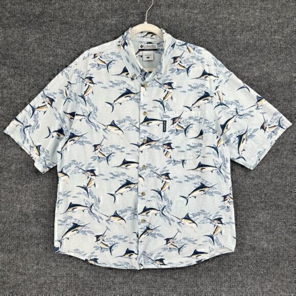 Vintage Columbia Short Sleeve Button Up Shirt Mens L Blue Fish All Over Print